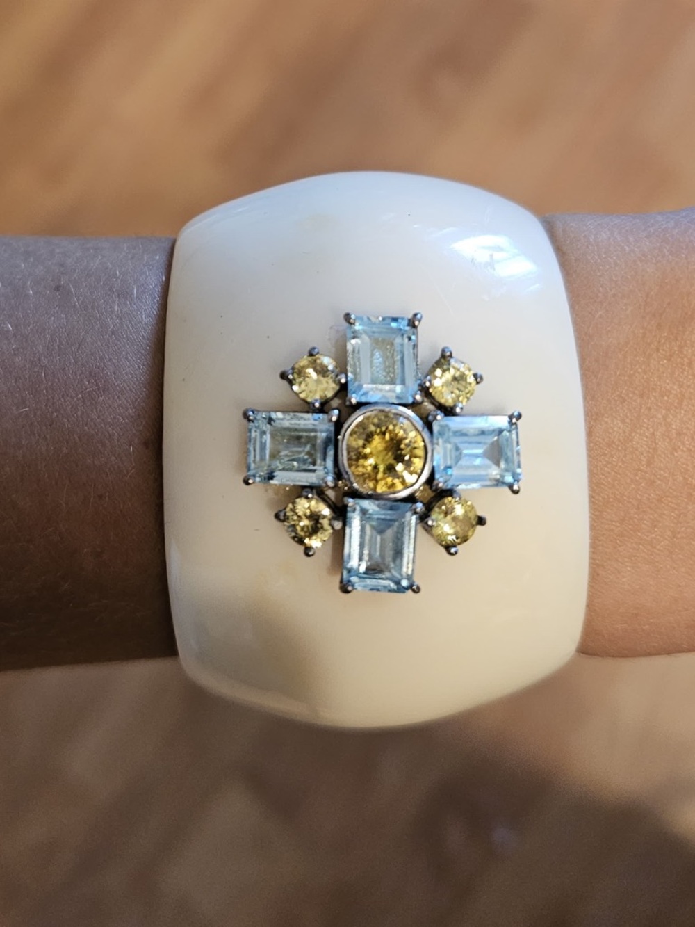 Vintage Statement White Cuff Bracelet with Blue & Yellow Gem Cross